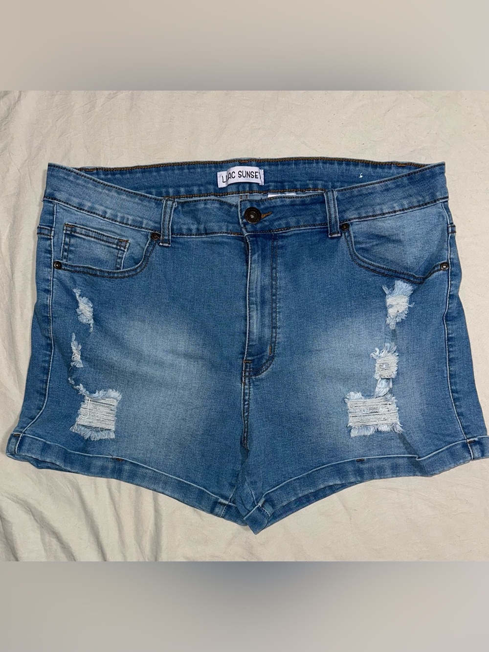 Lilac Sunset-Light Wash Distressed Stretch Denim Shorts Sz. XXL